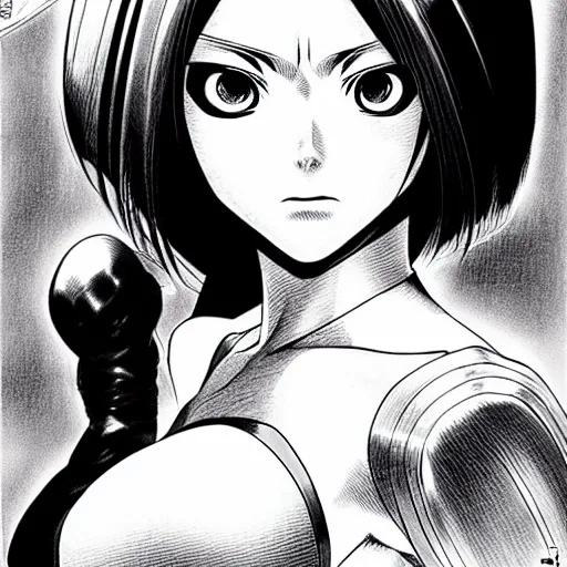 Image similar to alita by yukito kishiro. medium shot. black and white manga. pencil drawing.