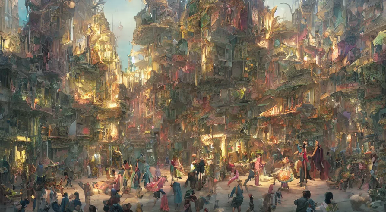 Image similar to bazaar zouk oriantal place mosquet multicolorful sky shine matte painting, street art, trending on artstation, by huang guangjian and gil elvgren and sachin teng