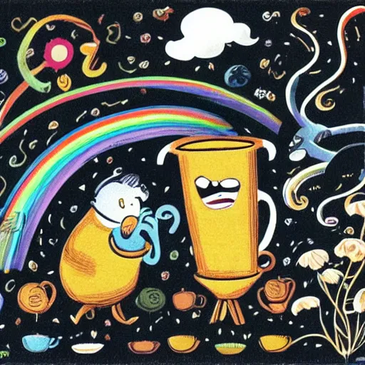 Image similar to a coffee advertisement with friendly monsters dancing around beautiful steaming cups of coffee, amongst coffee beans and flowers, and rainbows in the style of Japanese illustration, Maurice Sendak, Tove Jansson, high definition