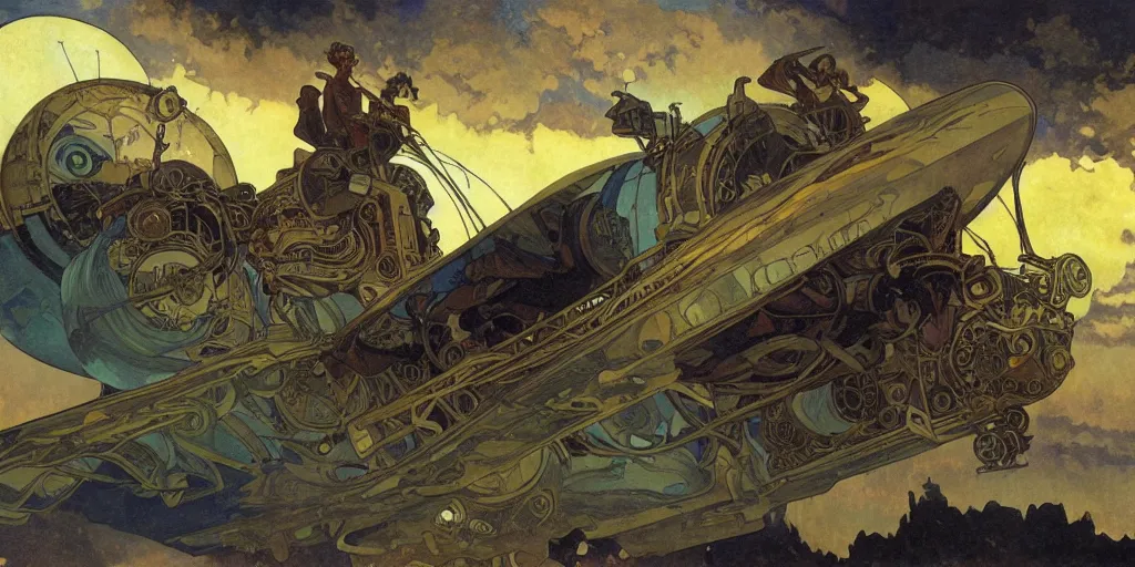 Image similar to a steampunk airship emerges over the horizon of an alien planet, artwork by alphonse mucha, dramatic lighting, long shadows, brushstrokes, paper texture.