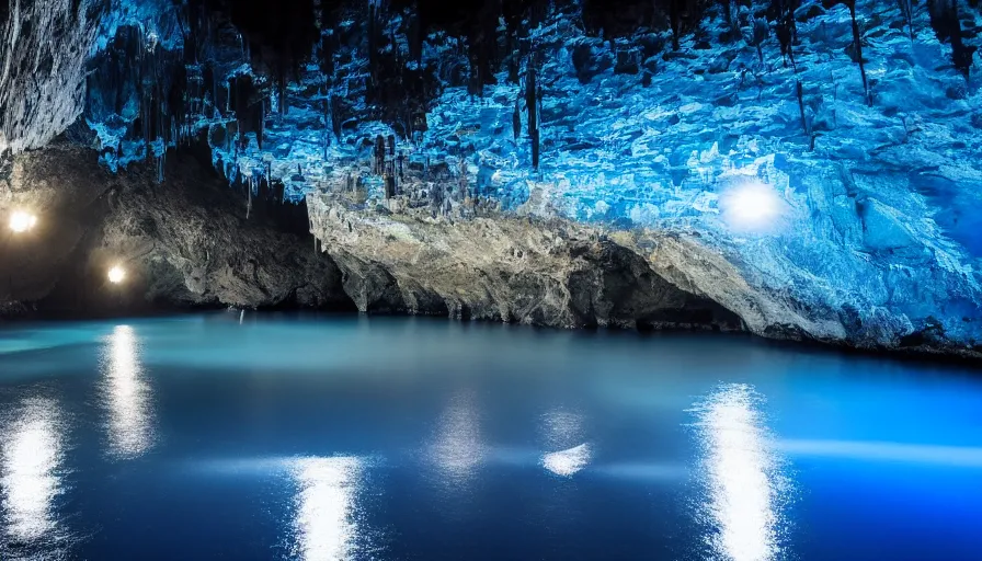 Image similar to Blue cave during the night, blue water, reflections ,moon light, incredible lighting, 4k photography award winning,