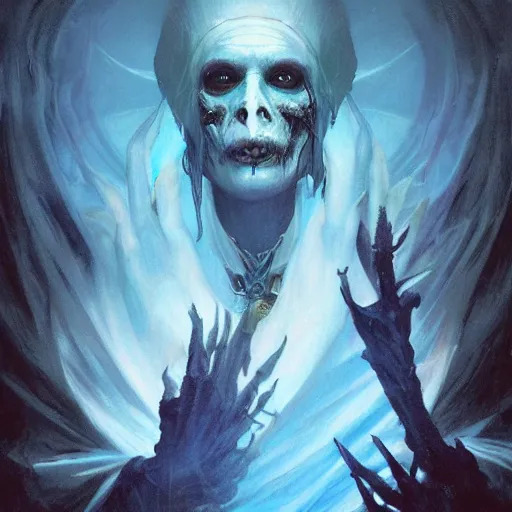 Image similar to Johny Depp as an undead Lich necromancer, Magic the Gathering art, undead facial features, art by greg rutkowski and alphonse mucha, highly detailed, digital painting, matte painting, concept art, illustration, oppressive lighting, trending on artstation, very detailed