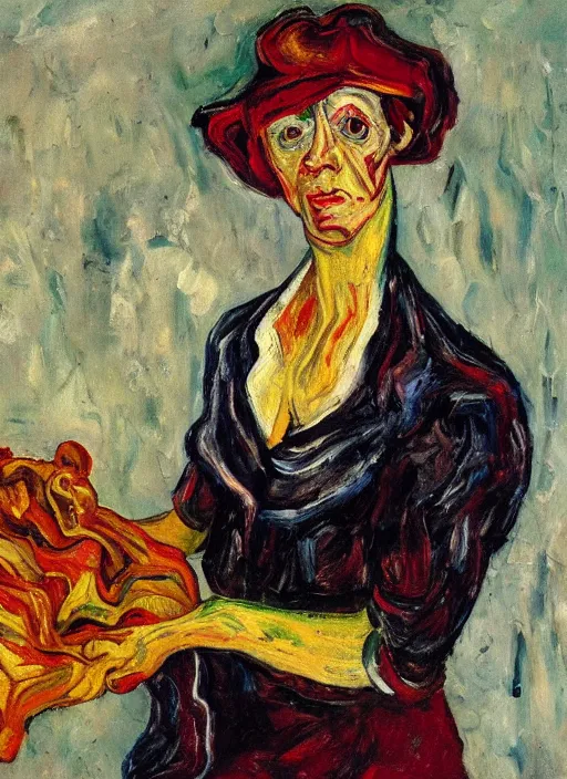 Prompt: an oil painting of a woman looking distressed, intense eyes, in a red dress posing with meat in expressive style of Van Gogh, Chaim Soutine and Frank Auerbach, complimentary palette of maroon alizarin and dark gray greens