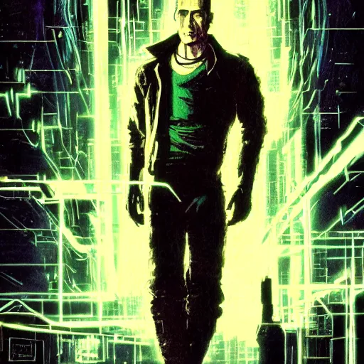 Image similar to Corto from the novel Neuromancer, washed up ex soldier, portrait shot, wires, cyberpunk, movie illustration, poster art by Drew Struzan