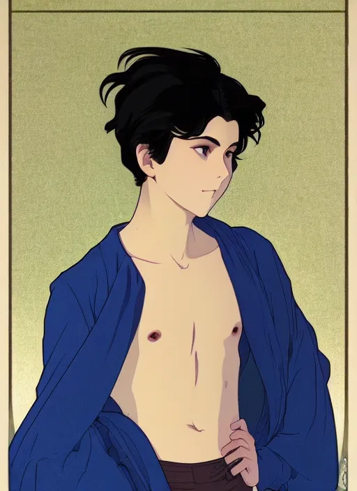 Image similar to handsome young man with short black hair, male, dressed in blue, looking down, half body shot, arms down, path traced, highly detailed, high quality, digital painting, by studio ghibli and alphonse mucha, hidari, art nouveau