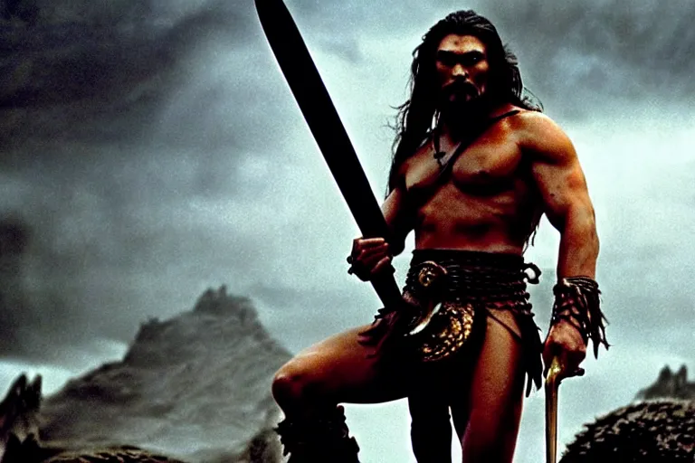Prompt: 7 0 mm film still from conan the barbarian, jason momoa as conan with a giant sword wearing ornate dragon armor in the wet catacombs of skulls and snakes, cinematic, volumetric lighting, mist, wet skin and windblown hair, muscular!!!, heroic masculine pose, ridley scott