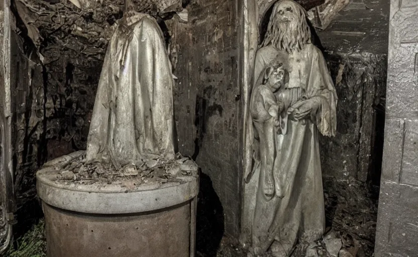 Image similar to several decrepit creepy statues of the archangel gabriel, strewn about in a dark claustrophobic old sewer, realistic, security camera footage, wide shot, sinister, foreboding, grainy photo