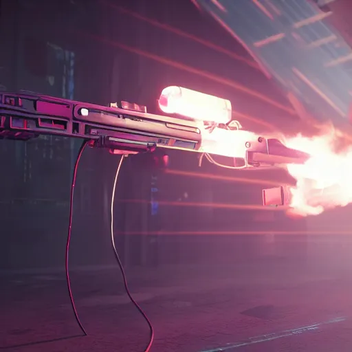 Image similar to plasma flamethrower, neon, cyberpunk, 3 d render, octane, ray tracing, ultra high resolution, ultra detailed, photorealistic