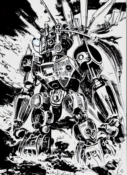 Image similar to comic book drawing of a giant mechanical robot crab at the grand canyon by jack kirby!!! and simon bisley, epic, awesome trendy color palette, black ink outlines