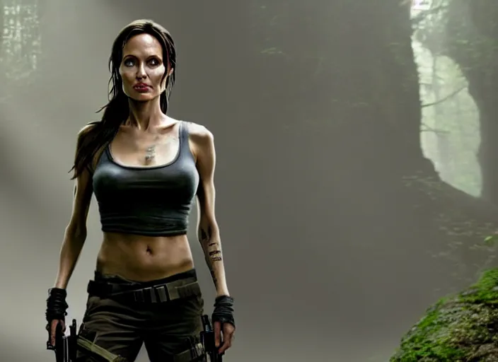 Image similar to film still of!!!! angelina jolie!!! as lara croft in new tomb raider movie, 8 k