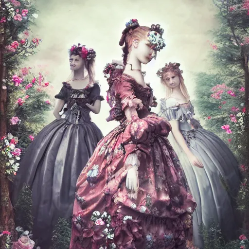 Image similar to 8k, realism, octane render, renaissance, rococo, baroque, group of creepy young ladies wearing long harajuku manga dress with flowers and skulls, background chaotic flowers