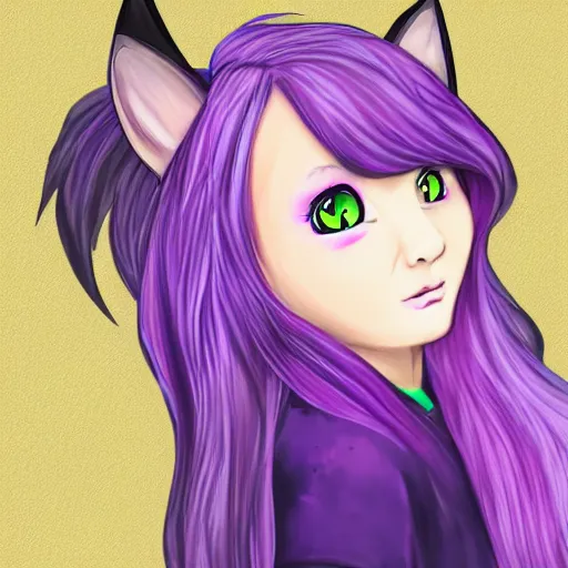 Prompt: Twitter profile picture of an illustrated catgirl with purple hair