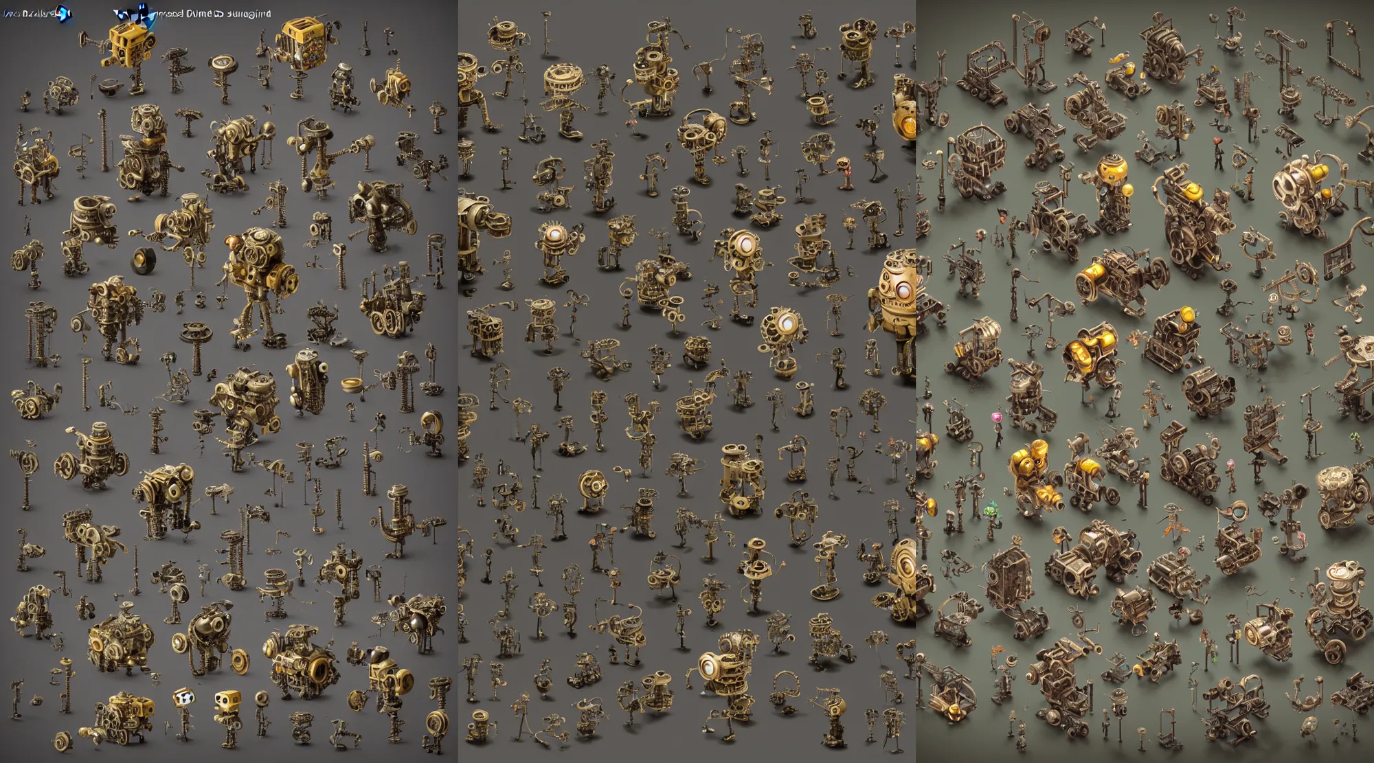 Prompt: several tiny cute DIESELPUNK monsters with cogs and screws and big eyes smiling and waving, back view, isometric 3d, ultra hd, character design by Mark Ryden and Pixar and Hayao Miyazaki, unreal 5, DAZ, hyperrealistic, octane render, cosplay, RPG portrait, dynamic lighting, intricate detail, summer vibrancy, cinematic