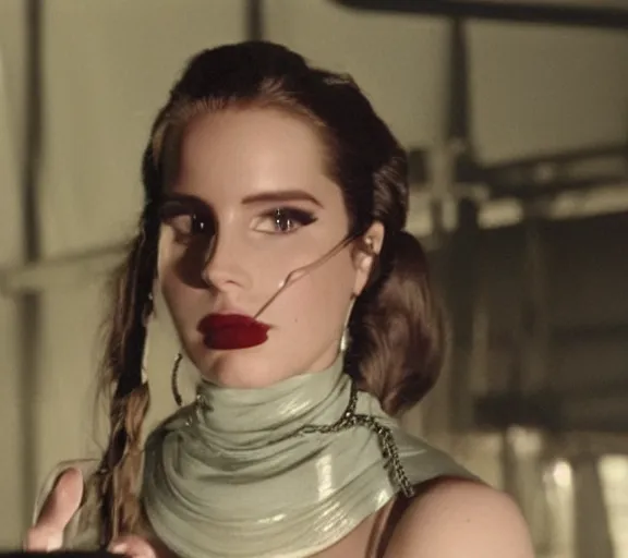 Prompt: a movie still of lana del rey as a handcuffed prisoner with a chain around her neck bonded to a chair in the movie star wars