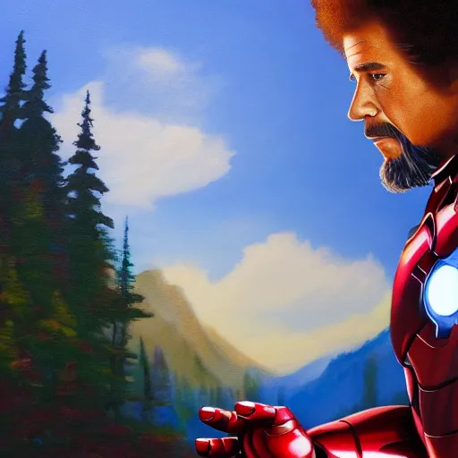Image similar to a closeup photorealistic photograph of bob ross diligently finishing a canvas painting depicting iron man. mountains and trees. film still. brightly lit scene. this 4 k hd image is trending on artstation, featured on behance, well - rendered, extra crisp, features intricate detail, epic composition and the style of unreal engine.