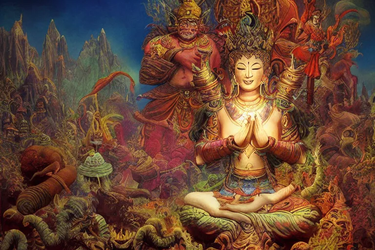 Prompt: the mythical buddhist kingdom of shambhala, in the style of frank frazetta and bob pepper, ultra realistic, atmosphere glow, detailed intricate, colorful, cinematic lighting, unreal engine, god lighting