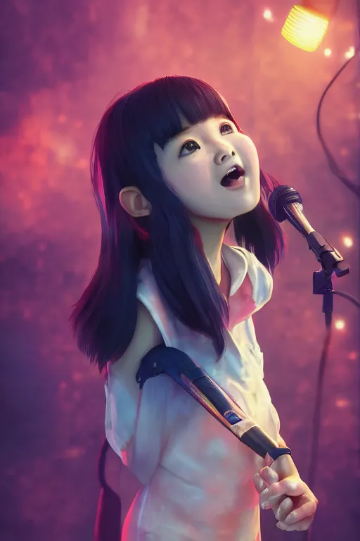 Image similar to a portrait of cute Asian girl singing, short hair, in the style of DreamWorks animation, low angle view, 16mm lens, award winning, hyper detailed, dramatic lighting, artstation, octane renderer, unreal engine