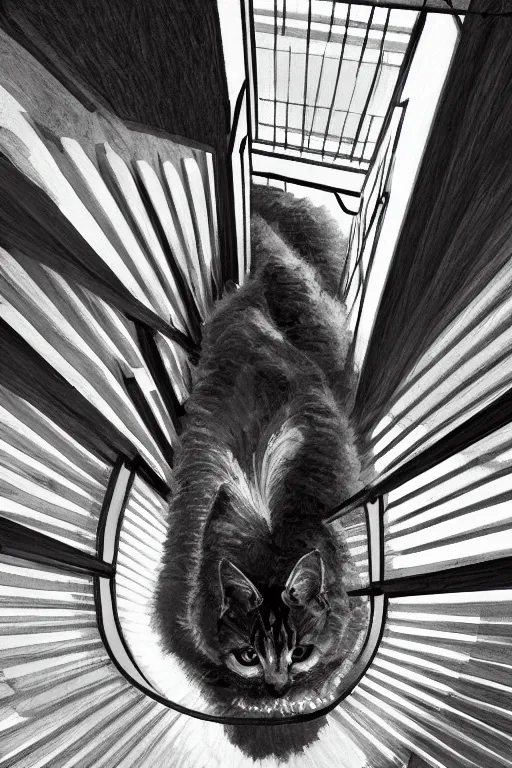 Image similar to looking down a flight of stairs at a cat, first person perspective, digital illustration, artstation, artstation hq, hd