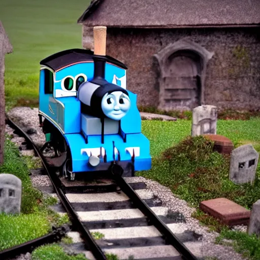 Image similar to thomas the tank engine in a graveyard gothic makeup majestic scenery high detail glow mist