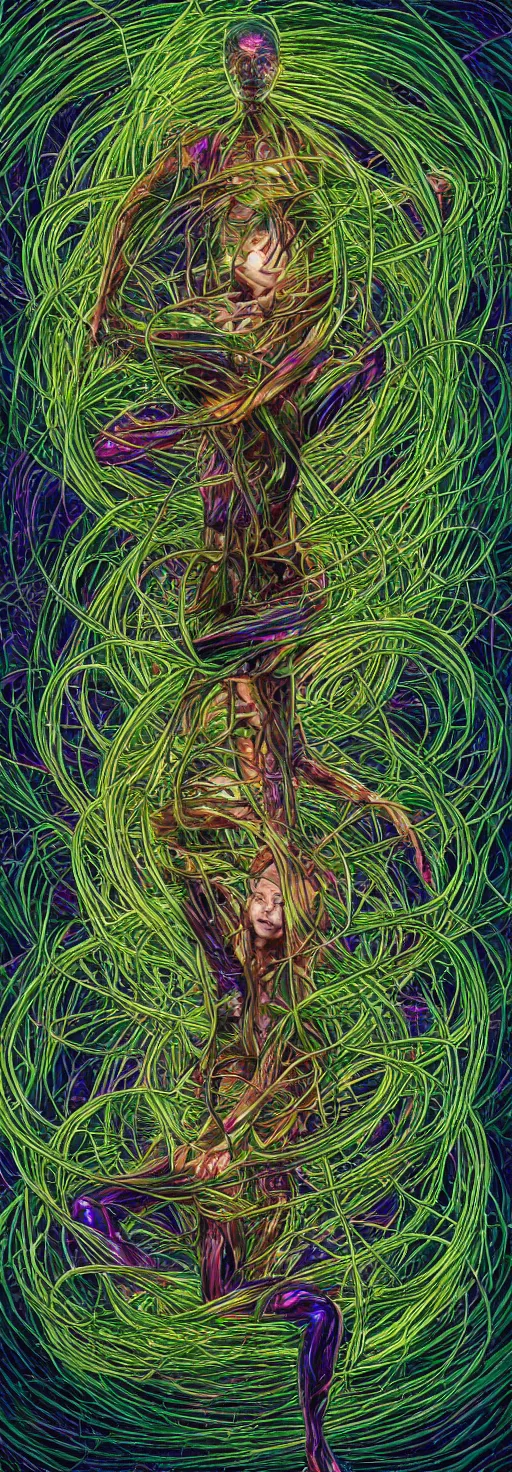 Image similar to a person trapped in the fetal position inside of extremely thick iridescent vines intertwined, central circular composition, high saturation, epic lighting, in the style of Peter gric and Amanda Sage 8k