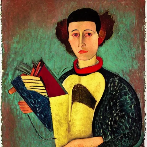 Prompt: interesting maximalist elaborate full body portrait of a medieval boy, in a fancy dress, reading a book. in the style of Caravaggio, Amedeo Modigliani, kawase hasui and paul klee. mixed media, vibrant 3d textures, shiny pastel tones. HD 8x no frame