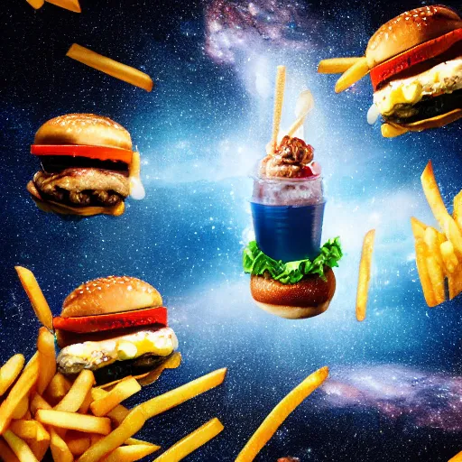 Image similar to a burger and fries and shake floating through space, realism, 4 k, galaxy, milky way, high detail