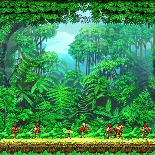 Image similar to Amazon rainforest as a 2d fighting game background, river, leaves, super smash bros style