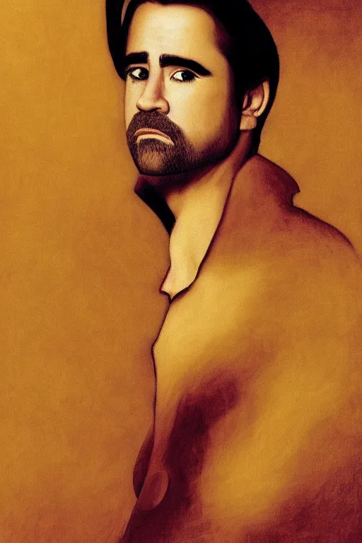 Image similar to portrait of colin farrell, digital painting by maxfield parrish and caravaggio, photorealistic