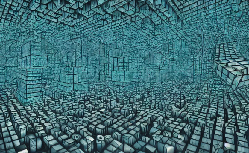 Image similar to interior of an elaborate labyrinth of runic cubes, dark teal, endless maze - like runes, sharp high detail, masterpiece by satoshi kon, crystal cubism, greeble, tesseract, darksynth, high definition