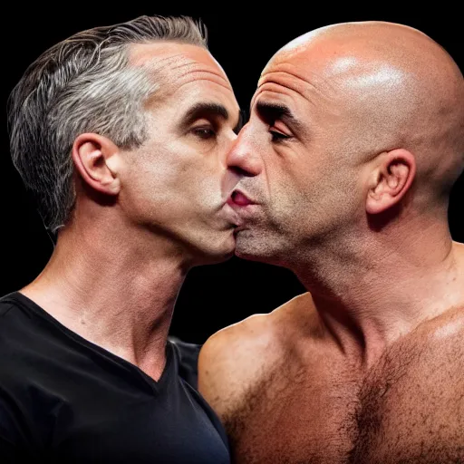 Image similar to Jordan Peterson and Joe Rogan kissing, photo, tabloid, photorealistic, 4k