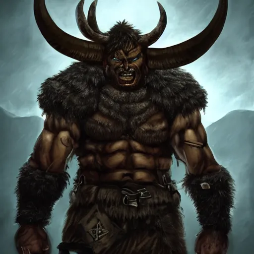 Prompt: A large half-demon barbarian wearing modern military gear, with horns on his head and shoulders, epic, realistic, 8k, detailed, fantasy, extremely detailed, masterpiece, art, dungeons and dragons, military, modern, soldier, gun, horns, demon horns, concept art, battlefield, barbarian