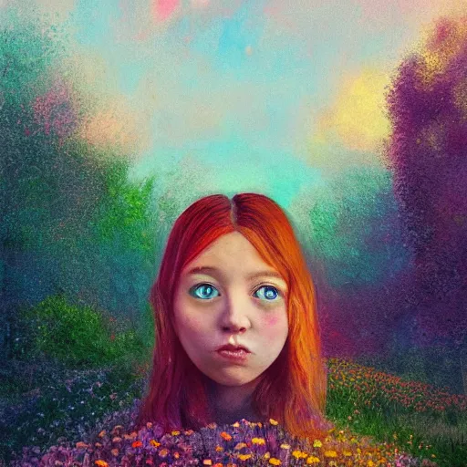 Prompt: girl with one blooming flower as a face, surreal photography, dream, standing in flower field, hills, big trees, sunrise dramatic light, impressionist painting, colorful clouds, digital painting, pointillism, artstation, simon stalenhag, flower face