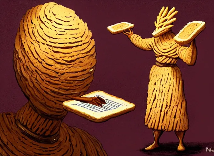 Prompt: a character made entirely out of bread giving a speech at a podium and wearing royal clothing, by marco bucci and frank frazetta, magic : the gathering fantasy concept art, high resolution. there is an audience of bread - people - hybrids in the background, fantasy coloring, intricate, digital painting, artstation, smooth, sharp focus