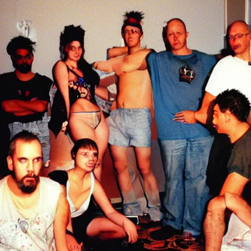 Image similar to a group of cyberpunk people hanging out in a dirty hotel room, 1990s photograph
