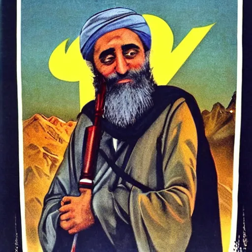 Prompt: islamic soviet propaganda poster of joe biden as osama bin laden in afghanistan