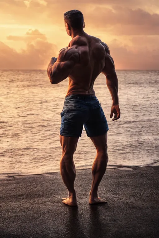 Image similar to a very muscular and defined man wearing ripped pants and shirt looking to the sea at sunset, godrays, complementary colors, natural lighting, portait image, path tracing, serene landscape, high quality, highly detailed, 8K, soft colors, warm colors, turbulent sea, high coherence, anatomically correct, hyperrealistic, concept art, defined face, five fingers, front view