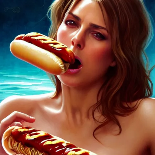 Image similar to Elizabeth Hurley eating Hot Dogs, dripping BBQ Sauce, serving big macs, D&D, spilling ketchup, fantasy, intricate, elegant, highly detailed, digital painting, artstation, concept art, matte, sharp focus, illustration, hearthstone, art by Artgerm and Greg Rutkowski and Alphonse Mucha