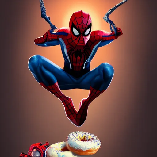 Image similar to spider - man sit on the raccoon and eating donuts, concept art, trending on artstation, highly detailed, intricate, sharp focus, digital art, 8 k