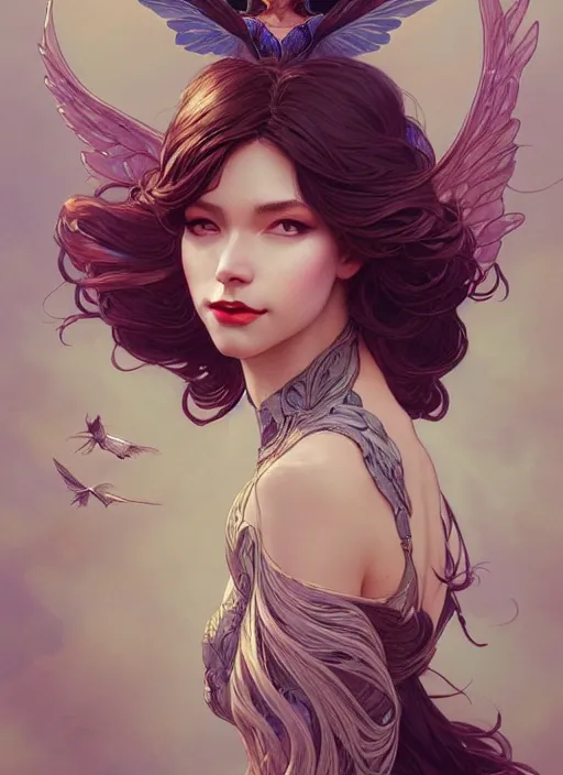 Image similar to portrait of woman with flowy hair, bird wings, confident pose, pixie, genshin impact, intricate, elegant, sharp focus, illustration, highly detailed, concept art, matte, trending on artstation, bright colors, art by wlop and artgerm and greg rutkowski, mucha, marvel comics