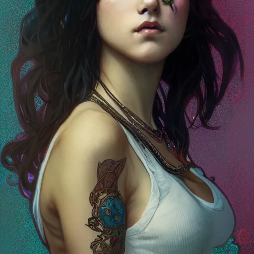 Image similar to highly detailed portrait of a punk young lady by by Artgerm,Greg Rutkowski,Alphonse Mucha, 4k resolution