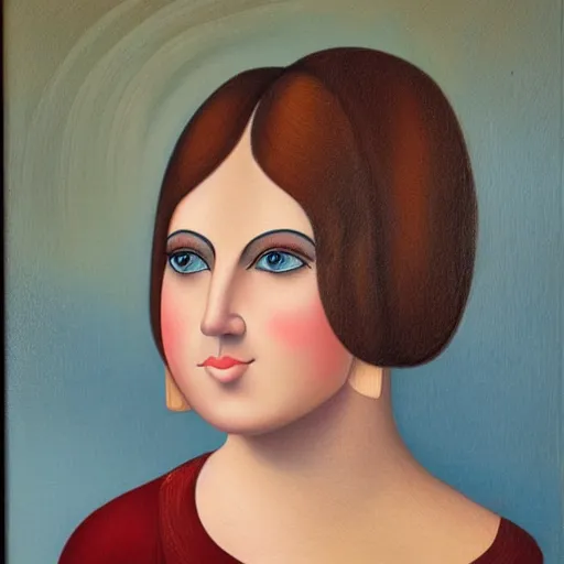 Prompt: painting of a young adult woman face with small blue eyes big brown browns long lashes high cheekbones and sharp jawline small plump lips straight nose white skin long bangs brown hair by botero