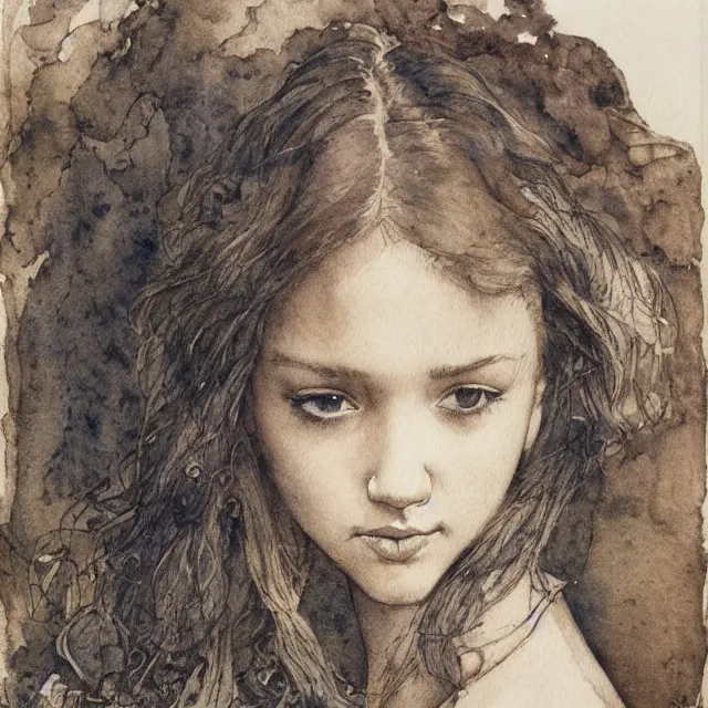 Prompt: a detailed, intricate watercolor and ink portrait illustration with fine lines of young 1 4 year old jessica alba looking over her shoulder, by arthur rackham and edmund dulac and lisbeth zwerger