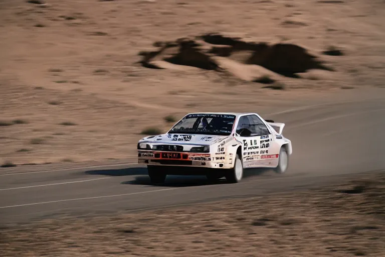 Prompt: Audi quattro rally car driving thru the desert. Cactus. Muted colors, photograph, high-speed photography, motion blur, midday, film 35mm