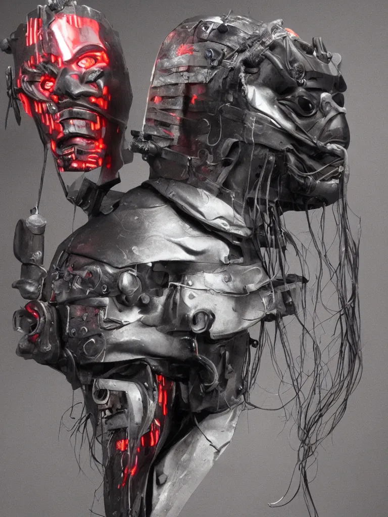 Prompt: cyberpunk samurai mask with digital readout and