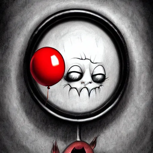 Prompt: surrealism grunge cartoon portrait sketch of a circular monster with a wide smile and a red balloon by - michael karcz, loony toons style, the conjuring style, horror theme, detailed, elegant, intricate