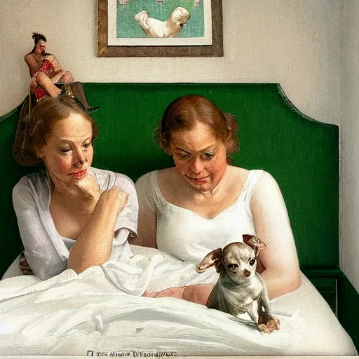 Image similar to two women sleeping in a white bed with green bedsheets in a room with light green walls, two women try to sleep while an anxious chihuahua floats above them, detailed oil painting, in the style of Norman Rockwell