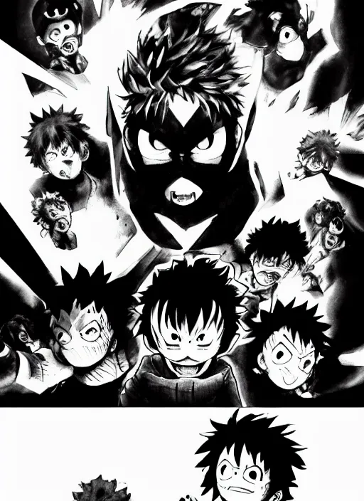 Prompt: My Hero Academia manga page showing the end of the series, dark colors, sinister atmosphere, dramatic lighting, cinematic, establishing shot, extremely high detail, photo realistic, cinematic lighting, pen and ink, intricate line drawings, by Kohei Horikoshi, post processed, concept art, artstation, matte painting