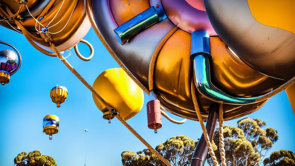 Image similar to large colorful futuristic space age metallic steampunk balloons with pipework and electrical wiring around the outside, and people on rope swings underneath, flying high over the beautiful adelaide in south australia city landscape, professional photography, 8 0 mm telephoto lens, realistic, detailed, photorealistic, photojournalism