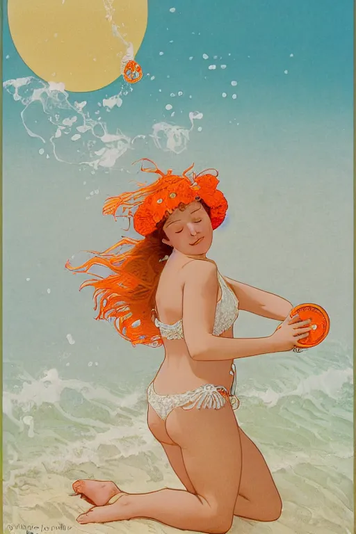 Image similar to A girl in a white lacy bikini and white sun hat and Holding a heart-shaped lifebuoy, jumping for joy,long orange hair floating on air ,Waves and splashes,beach ,Smooth visual lines,graphic Design by mucha