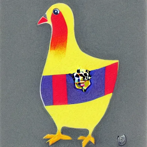 Prompt: Color pencil drawing of a pigeon wearing a FC Barcelona shirt